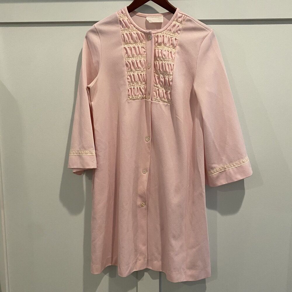 Vintage Gossard Artemis House‎ Coat Robe Medium M Pink Lace Trim Midi Length 70s